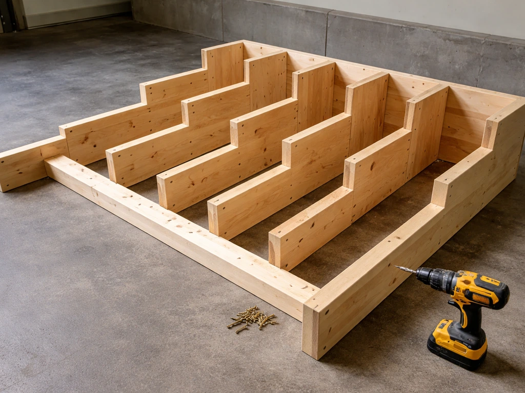 DIY stair step form with riser boards plumb and stringers cut in matching tread-riser geometry