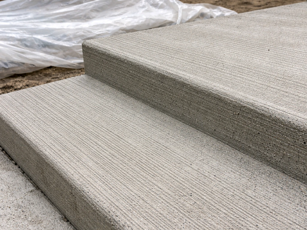 Close-up of finished concrete stair treads with a textured non-slip finish and curing cover nearby.