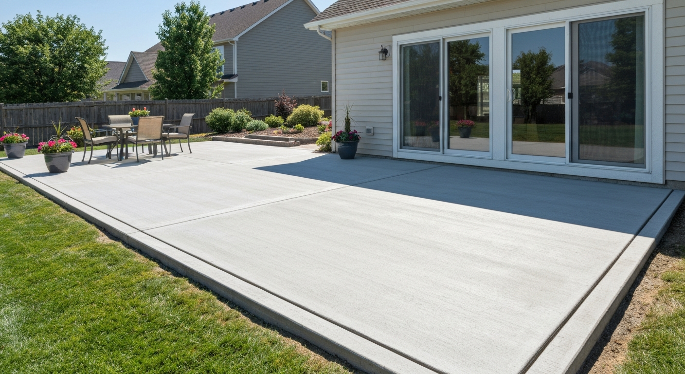Completed residential concrete patio with outdoor furniture and landscaped yard.