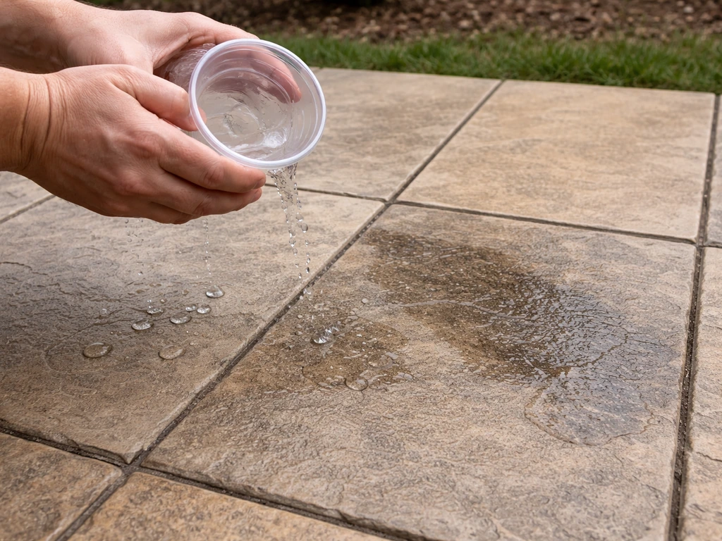 Hands splash water on a stamped concrete patio to see beading versus darkening spots.