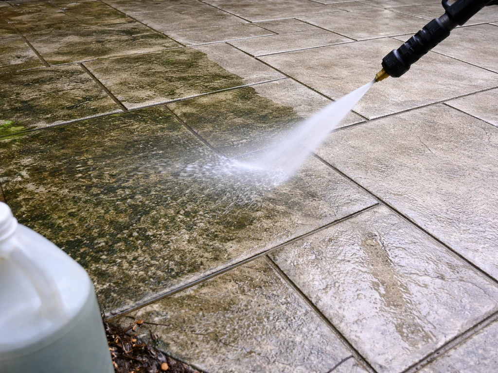 Stamped concrete patio with pressure washer mist removing dirt and algae, cleaner gray pores revealed.