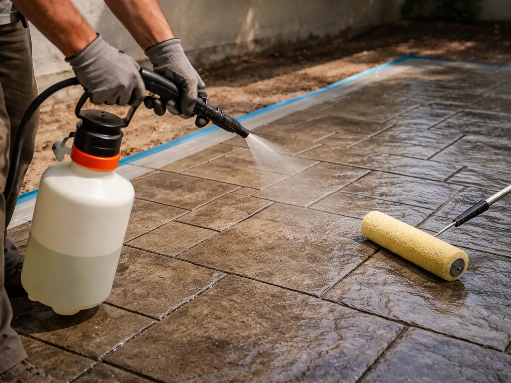 Worker spraying sealer and rolling over stamped concrete texture near taped-off edges