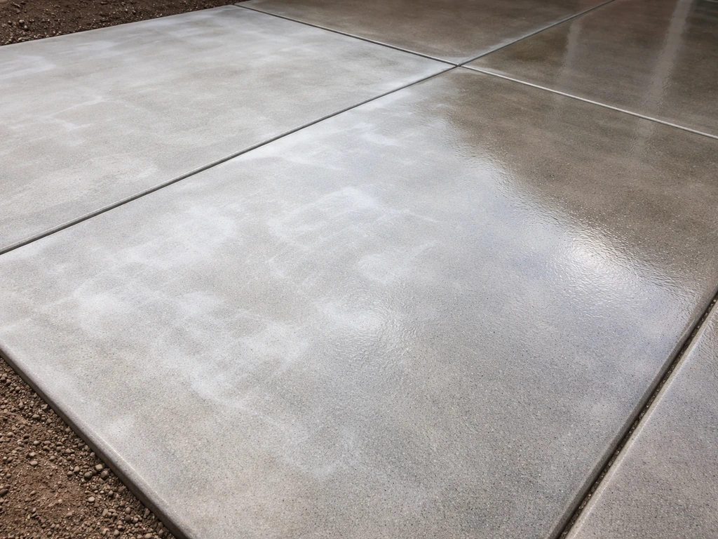 Concrete patio with milky white haze on one section and a clear properly cured sealed area beside it.