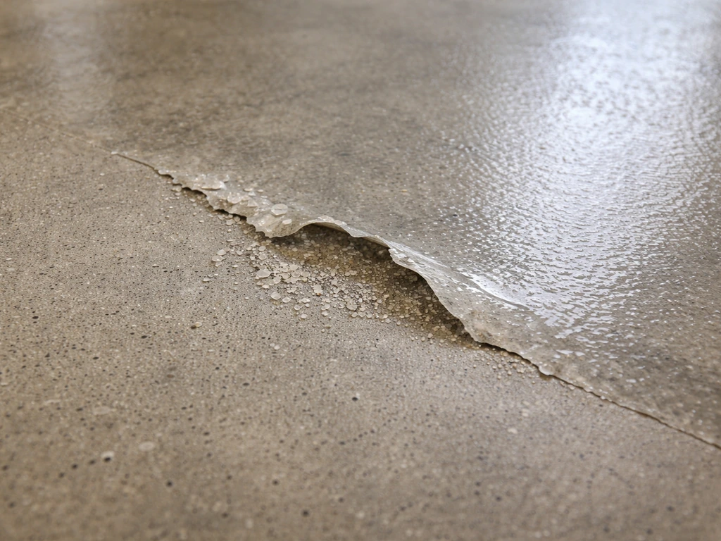 Close-up of sealer failing: peeled flaking edge beside intact bonded coating on a concrete slab.
