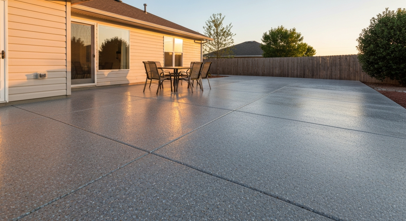 Finished epoxy-coated concrete patio with decorative flakes and anti-slip texture, furnished, at golden hour.