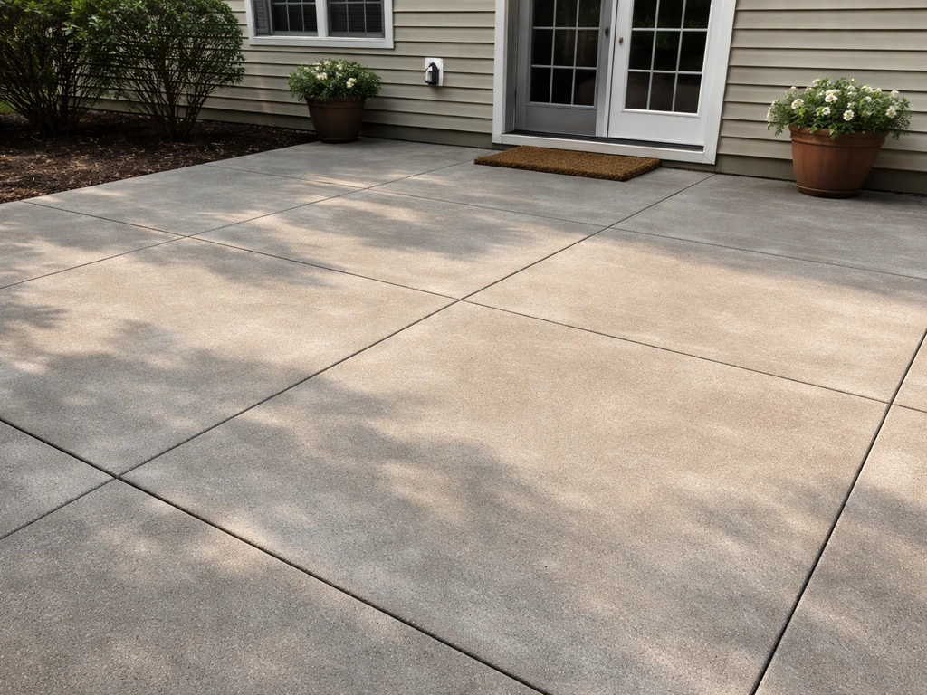 Clean, newly repaired and freshly sealed concrete patio outside a home, blended patchwork visible.