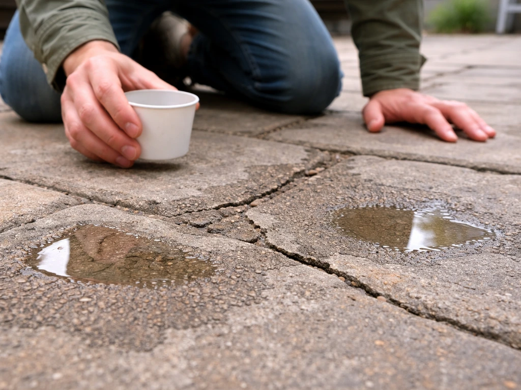 Ground-level patio inspection with water pooled near a visible crack and rough patch on the walkway.