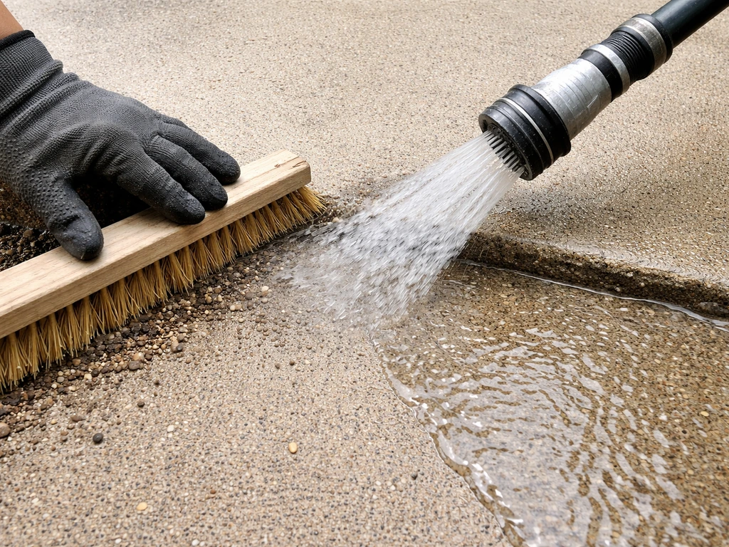 Gloved hand sweeps concrete while a garden hose rinses it, with water beading on the patio surface.