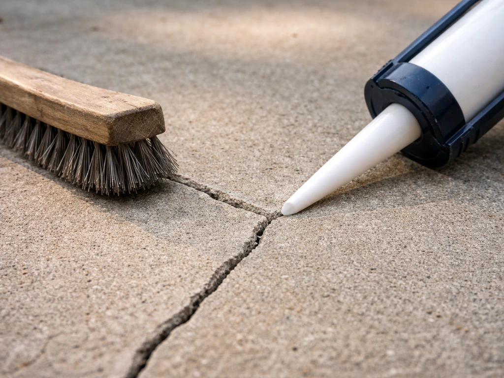 Close-up of a cleaned concrete hairline crack with a wire brush and caulk cartridge ready to fill.