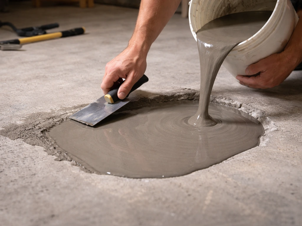 Hands pour and smooth a self-leveling concrete overlay into a shallow low spot on a concrete floor.