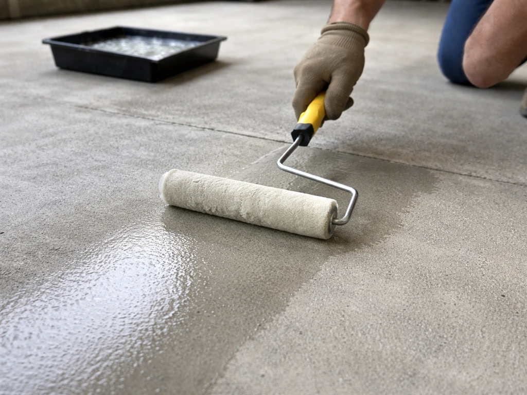 Hands roller-applying penetrating sealer on a dry concrete slab with no wet pooling