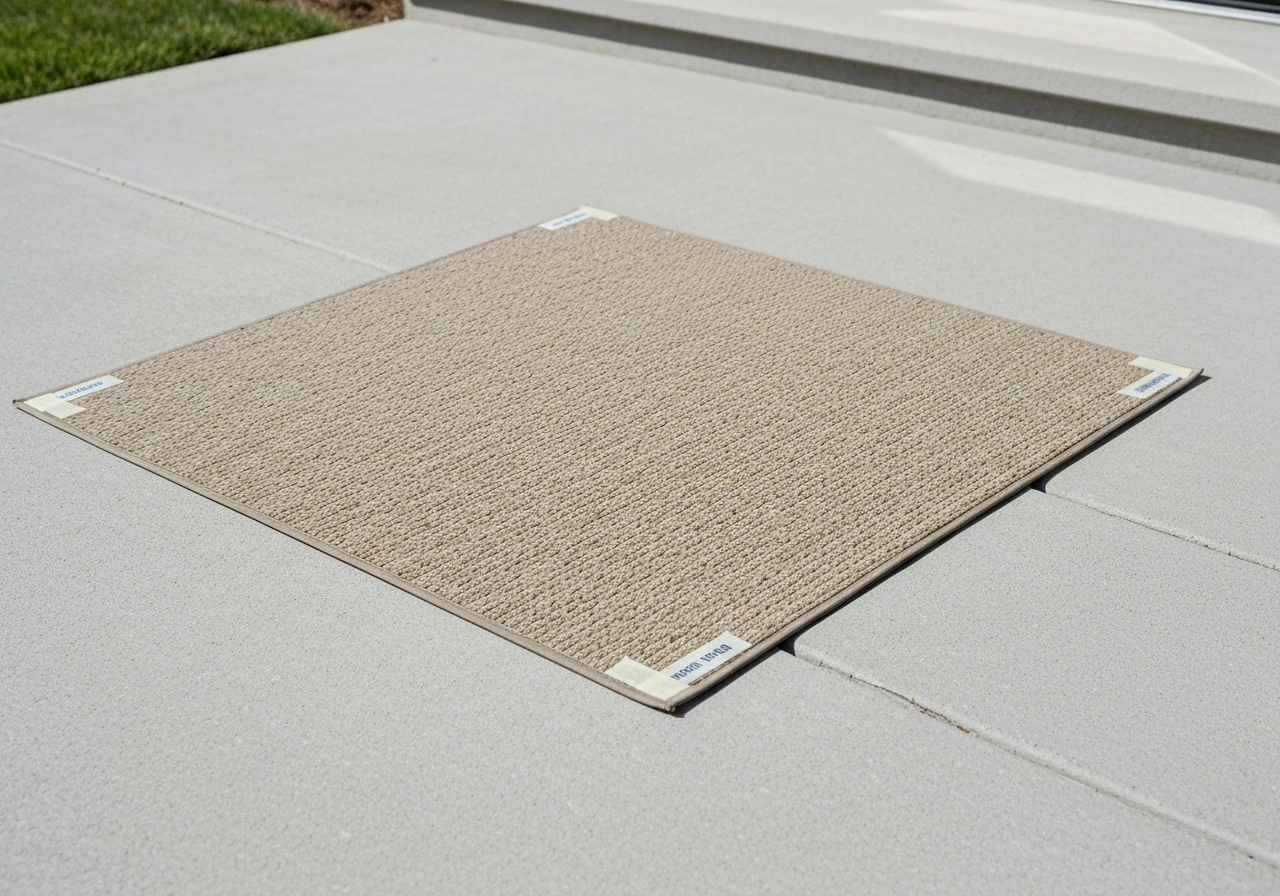 Patio rug perfectly aligned and secured on a concrete slab outdoors with non-slip grip at the edges.
