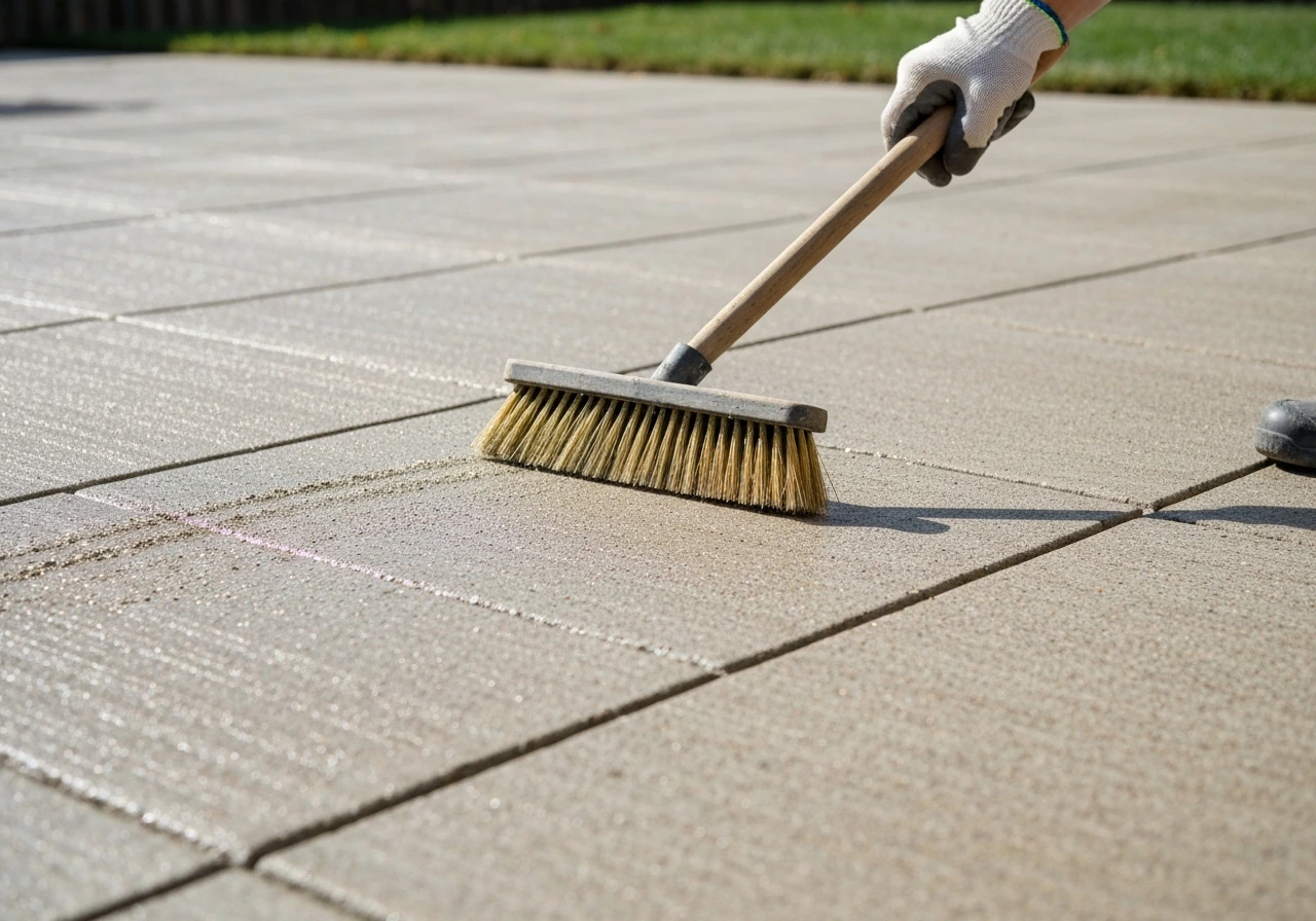 Close-up of a clean patio concrete slab being swept and scrubbed before installing rug anchors