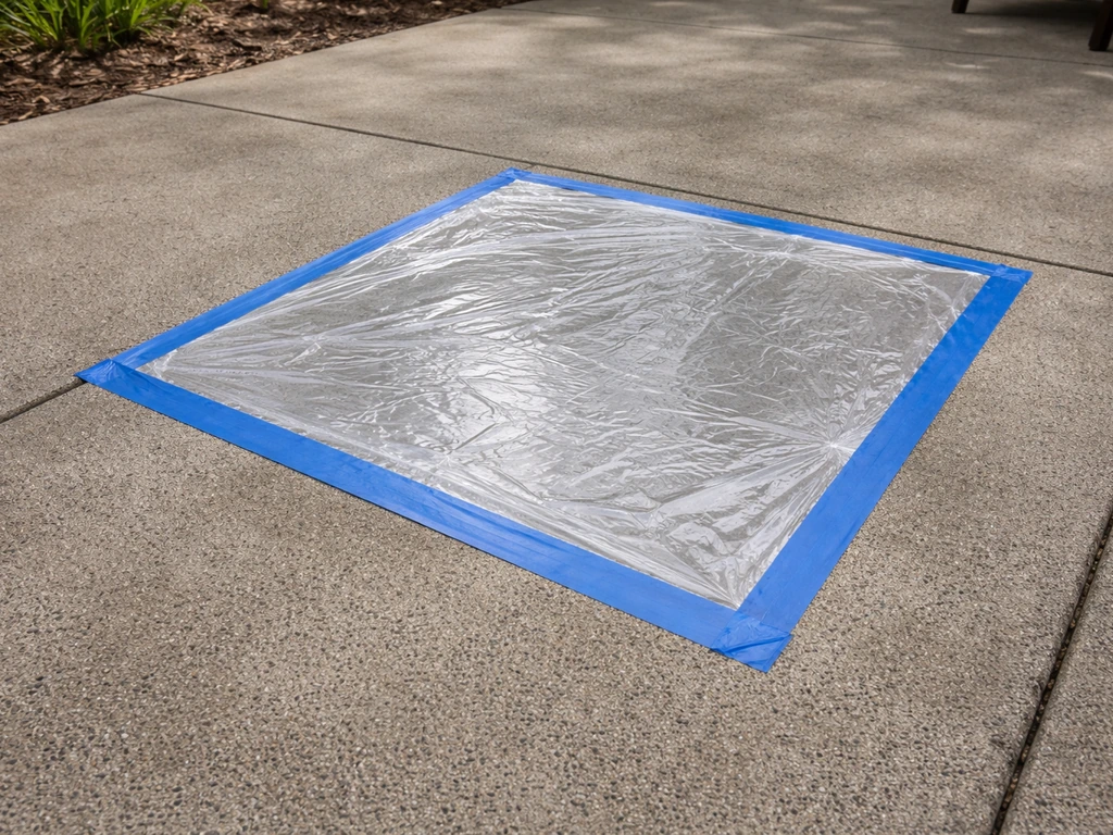 Plastic sheet taped over patio concrete section for a moisture vapor test