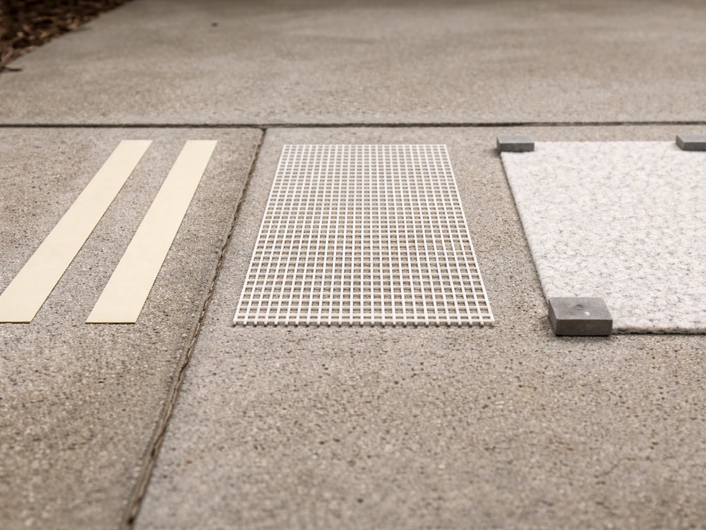 Close-up comparison on a concrete patio showing tape strips, an open-weave pad, and an edge-placed rug liner.