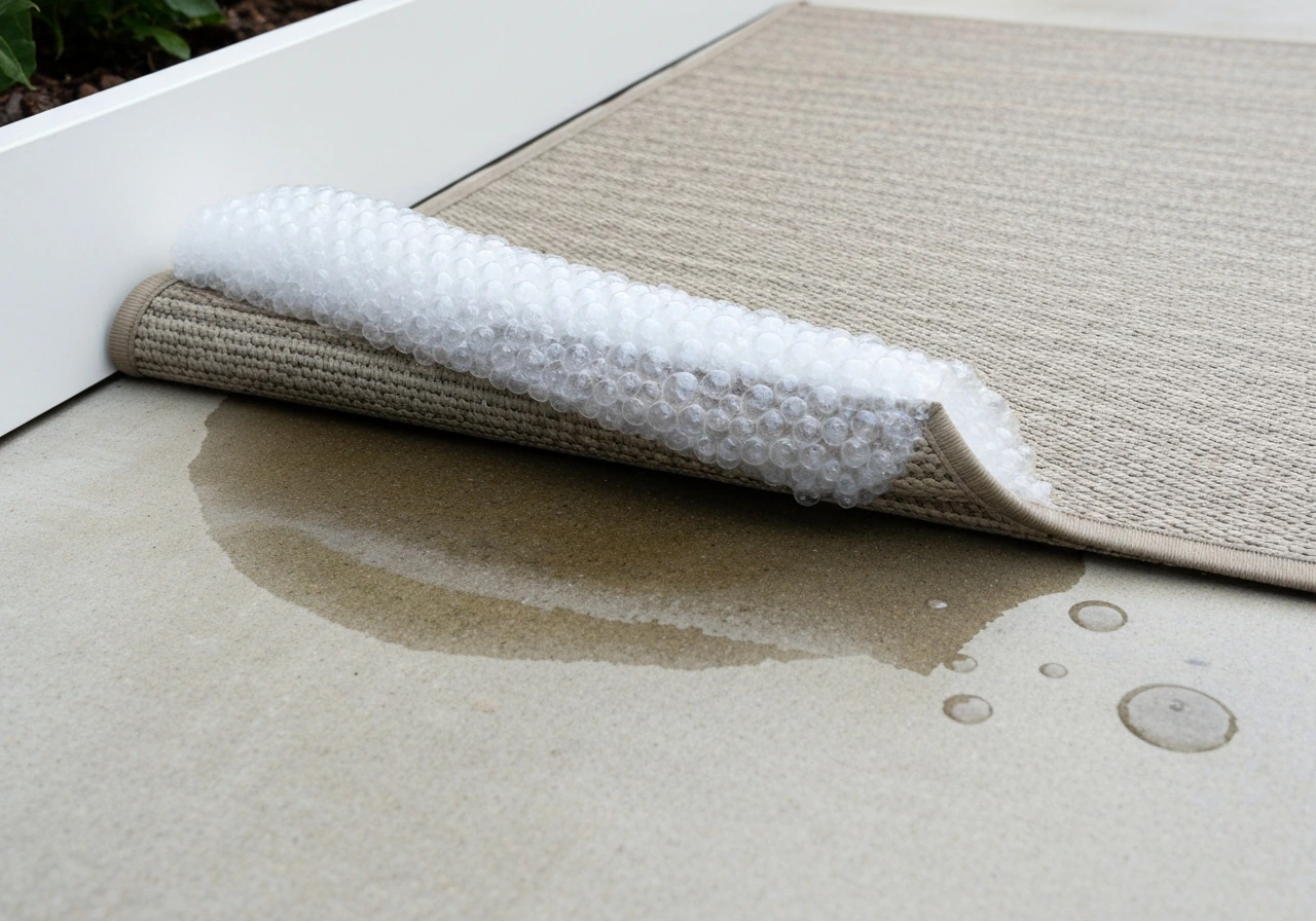 Lifted patio rug showing wrinkled pad bubbles and moisture on concrete surface