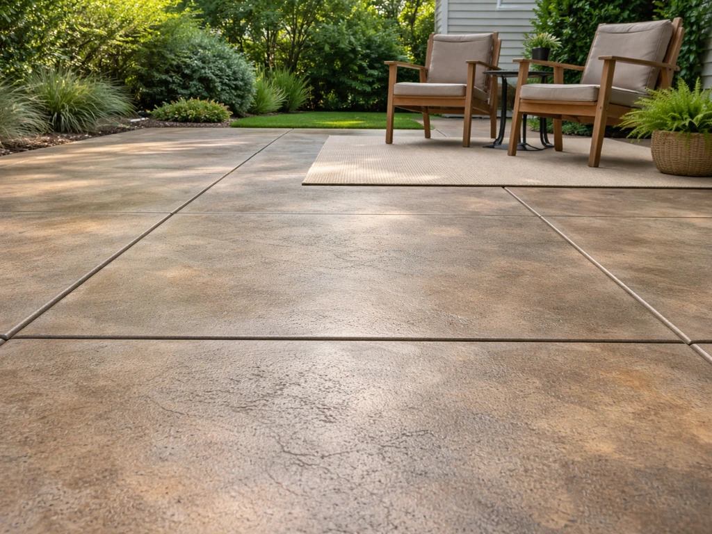 Upgraded concrete patio with rich stained tones, subtle texture, and simple outdoor seating in warm light.