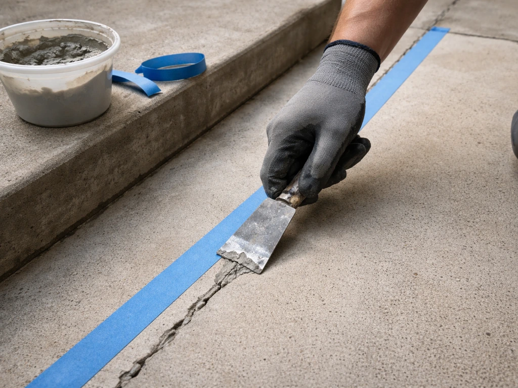 Close-up of hands using a putty knife to apply concrete crack filler, with painter’s tape nearby
