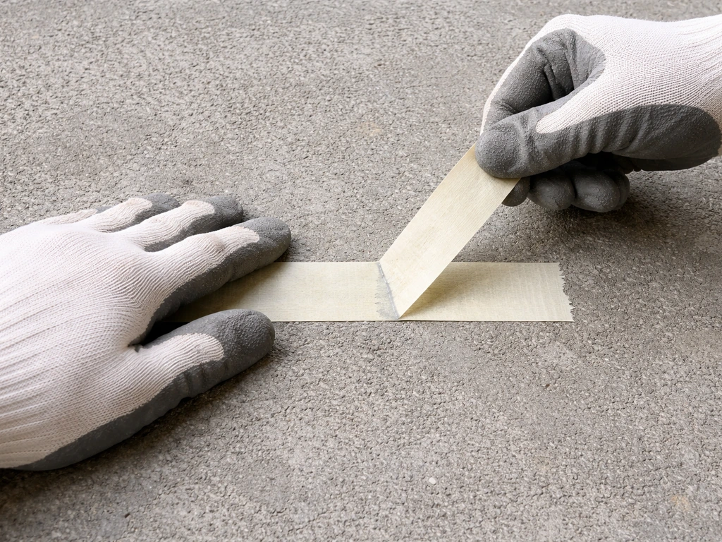 Gloved hands press and lift masking tape on a rough concrete slab to test coating adhesion.