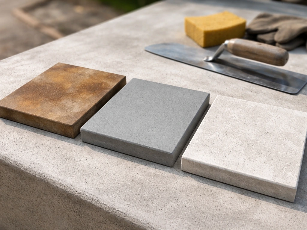 Three side-by-side concrete finish swatches: stain, paint, and microtopped overlay textures in natural light.