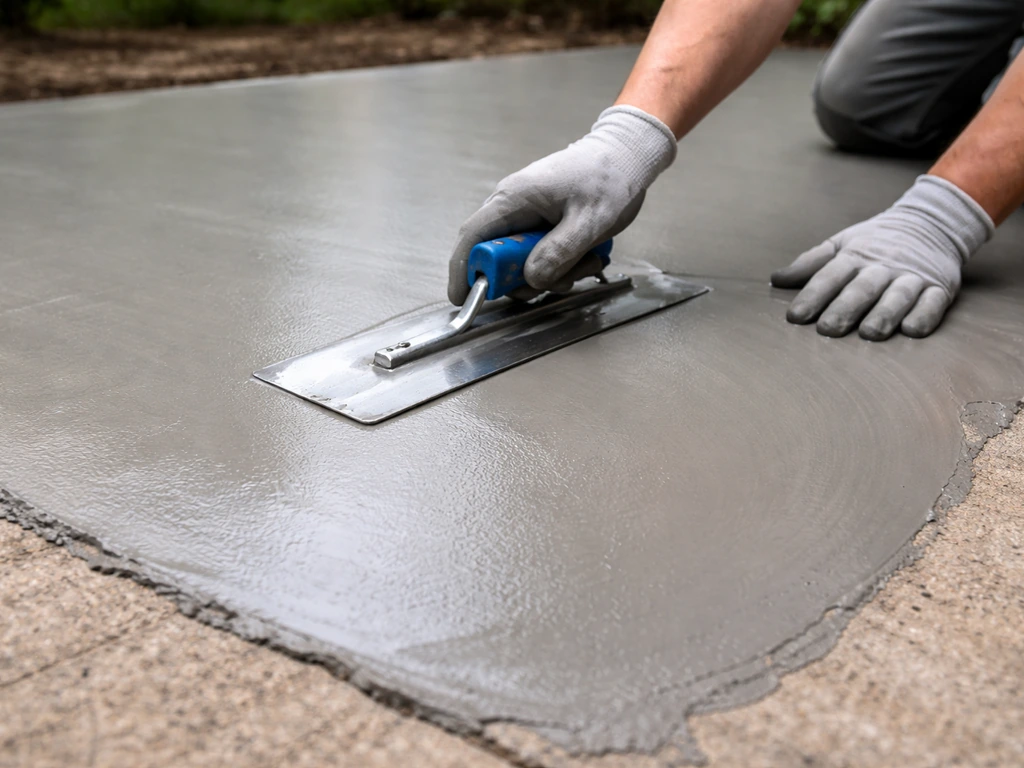 Gloved hands trowel a smooth gray concrete microtopping overlay across an existing patio surface.