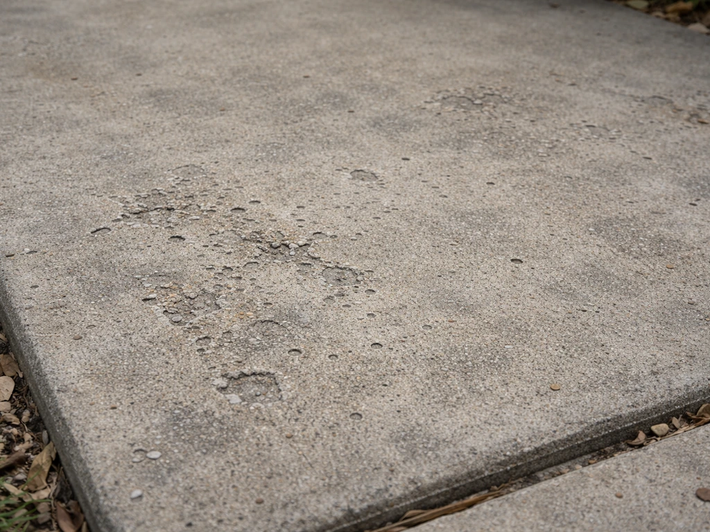 Close-up of weathered concrete patio slab with shallow spalling pits and dull discoloration