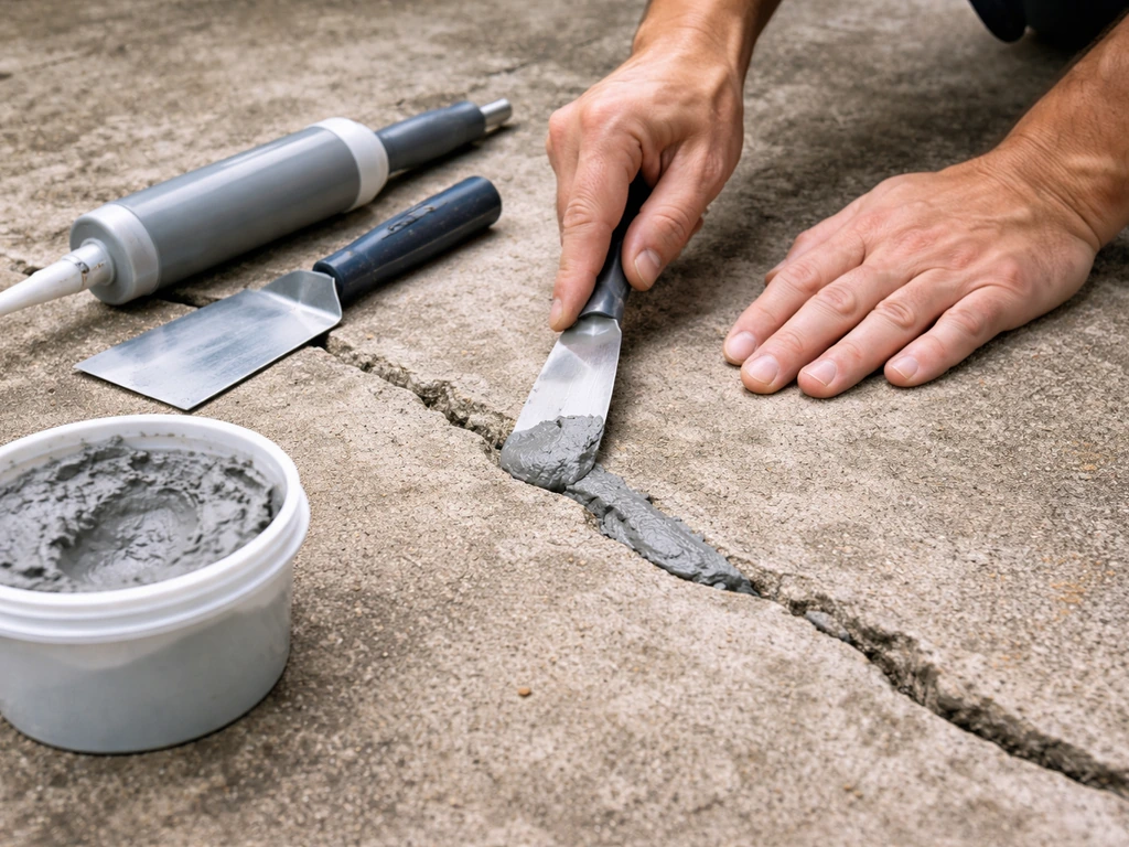 Hands using concrete crack filler/epoxy with tools on a cleaned crack in a concrete surface