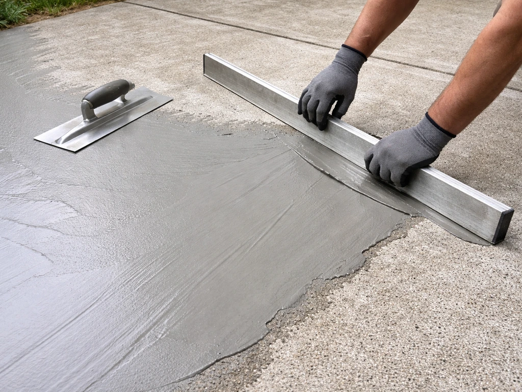 Worker spreading a thin skim coat resurfacer over a concrete patio using a trowel and screed tools