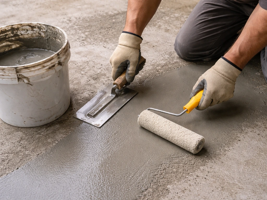 Worker using a roller and trowel to apply thin concrete resurfacer on a damp slab, with mixing bucket nearby.