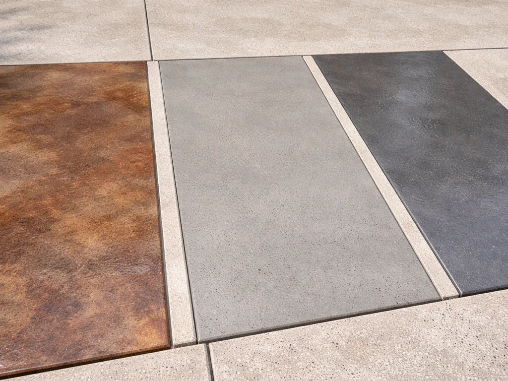 Three small concrete patio samples showing acid stain mottling and painted/coated finishes in natural light.