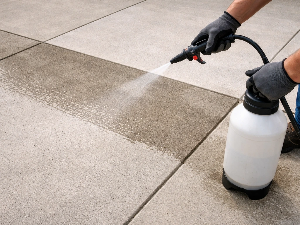 Gloved hands pump-spraying penetrating sealer onto clean concrete patio in overlapping wet passes.