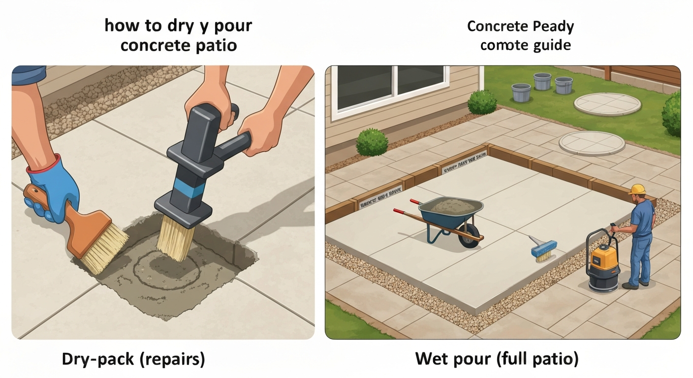 Split infographic comparing dry-pack repair (hand-tamped small patch) and wet-pour patio (formed slab with gravel base, rebar, screeding and vibration).