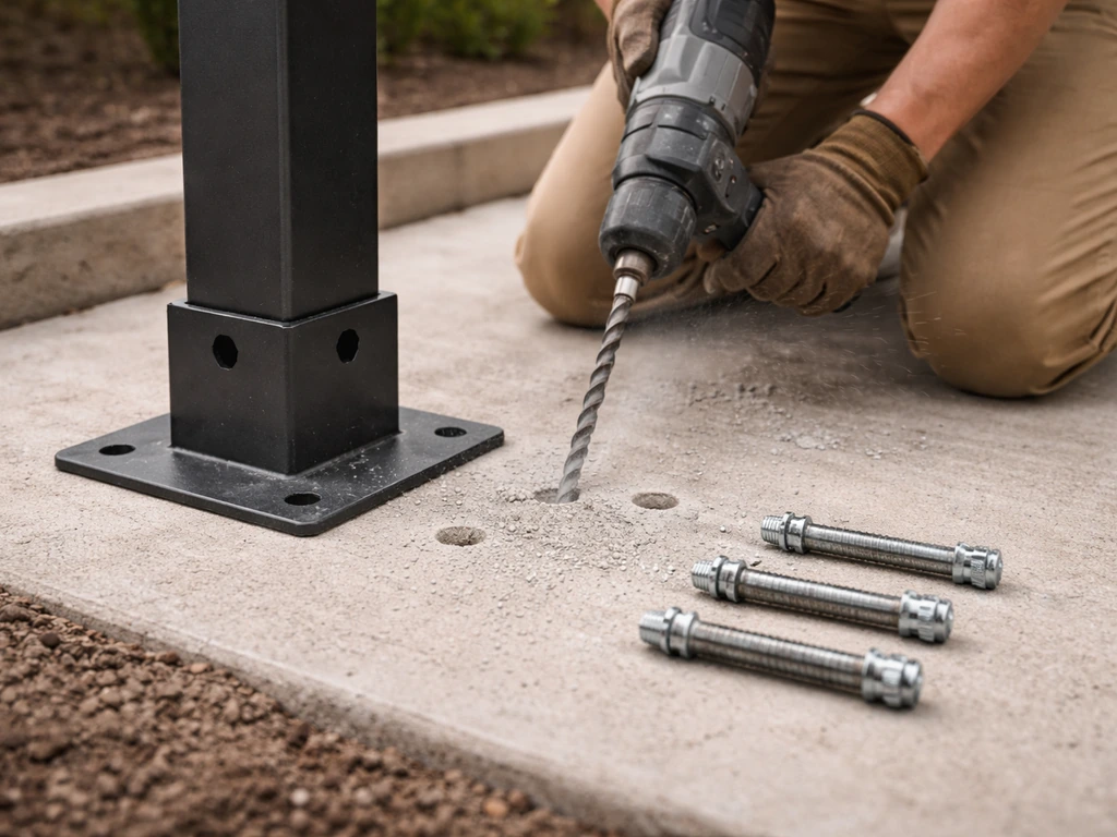 DIY worker drilling concrete to install pergola post base anchors on a patio