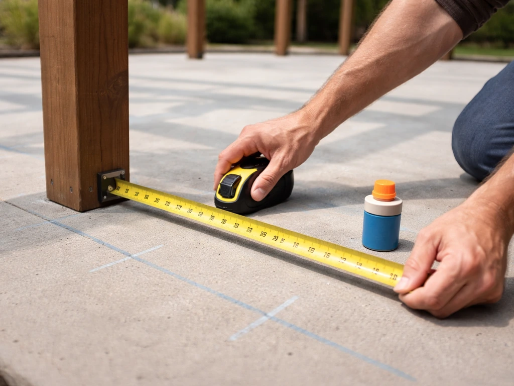 Hands measure a concrete patio near a pergola frame with a tape measure and chalk marks.