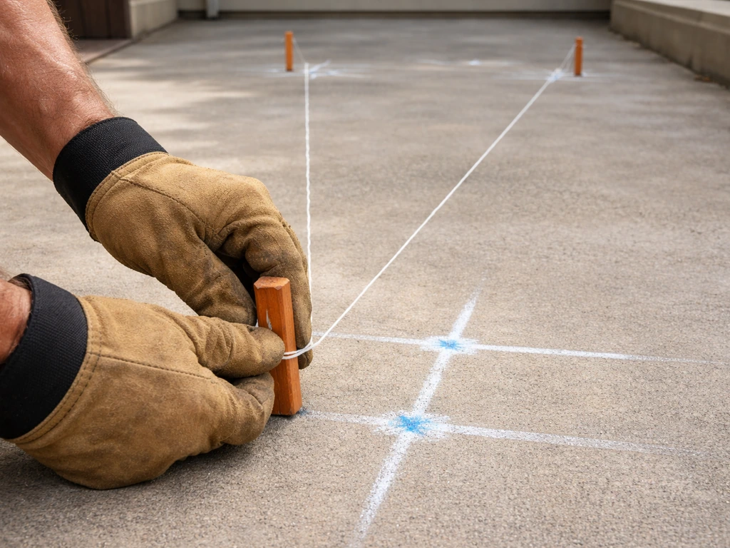 Concrete patio with chalk markings and taut string lines showing pergola post drilling points.