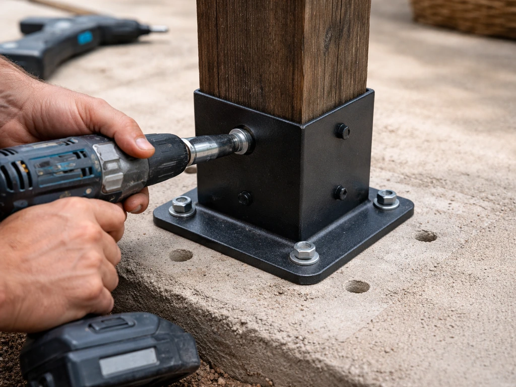 Close-up of a pergola post base bracket aligned over pre-drilled holes and being fastened