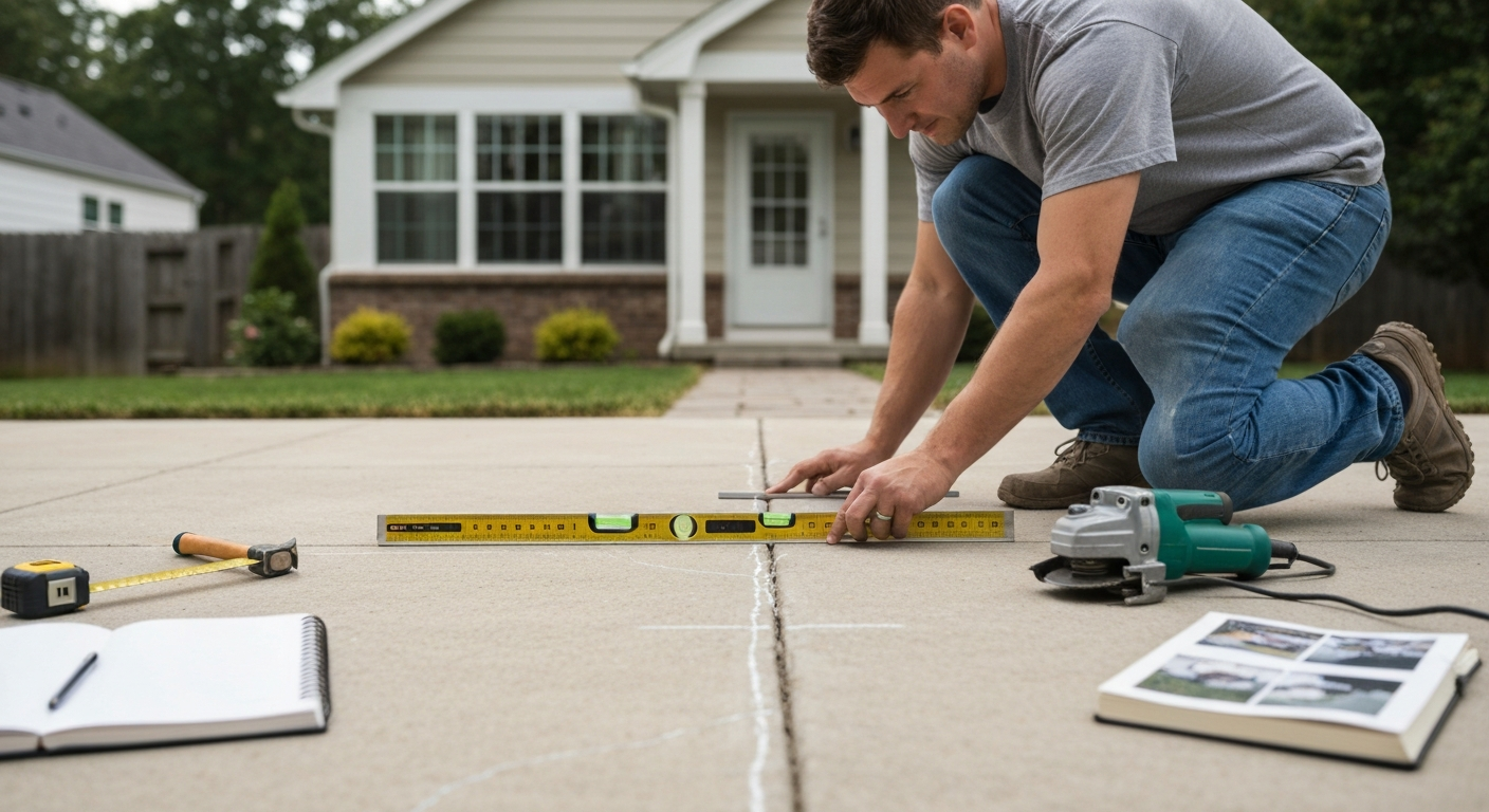 Homeowner inspecting a concrete patio slab with a straightedge and digital level; tools and chalk markings visible on the slab.