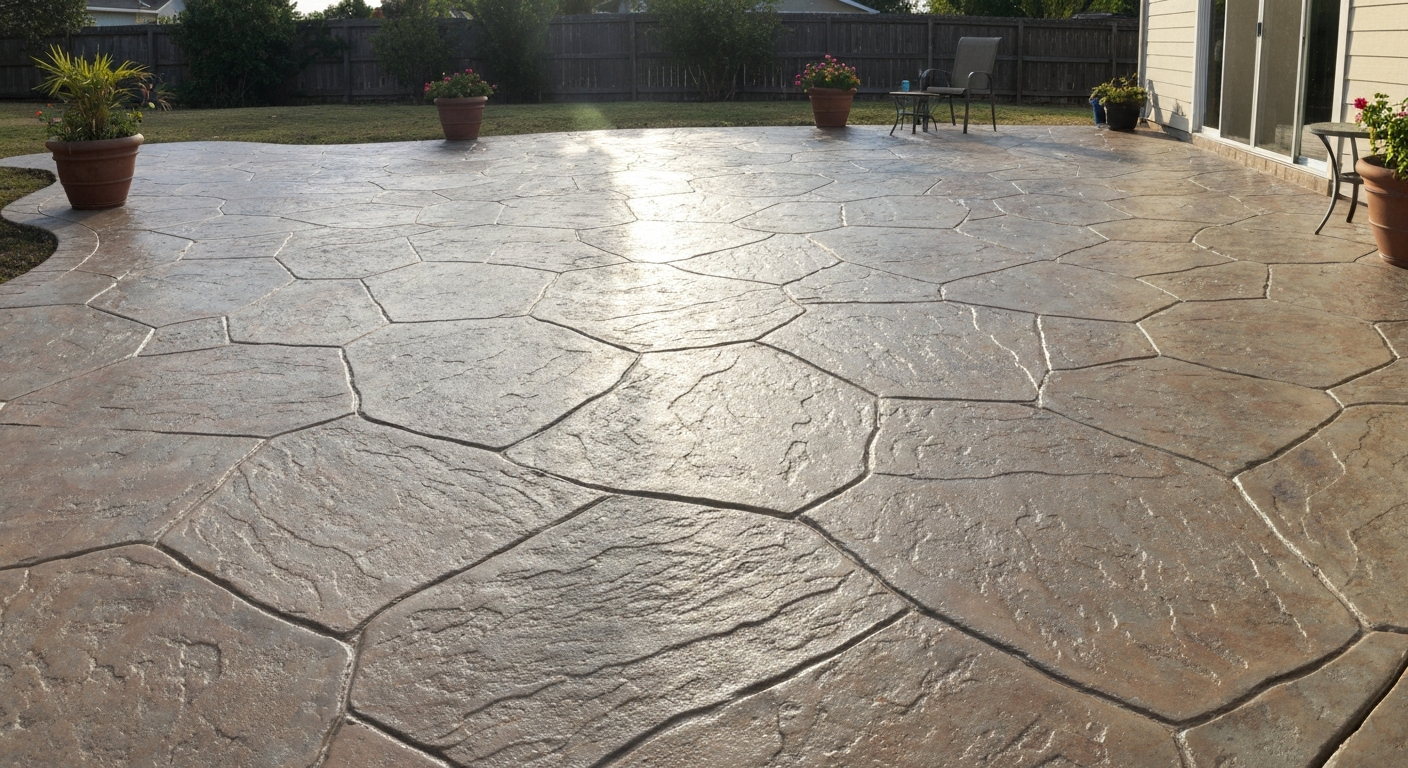 Freshly painted concrete patio convincingly finished to look like irregular flagstone, with layered colors and sealed textured surface in a sunny backyard.