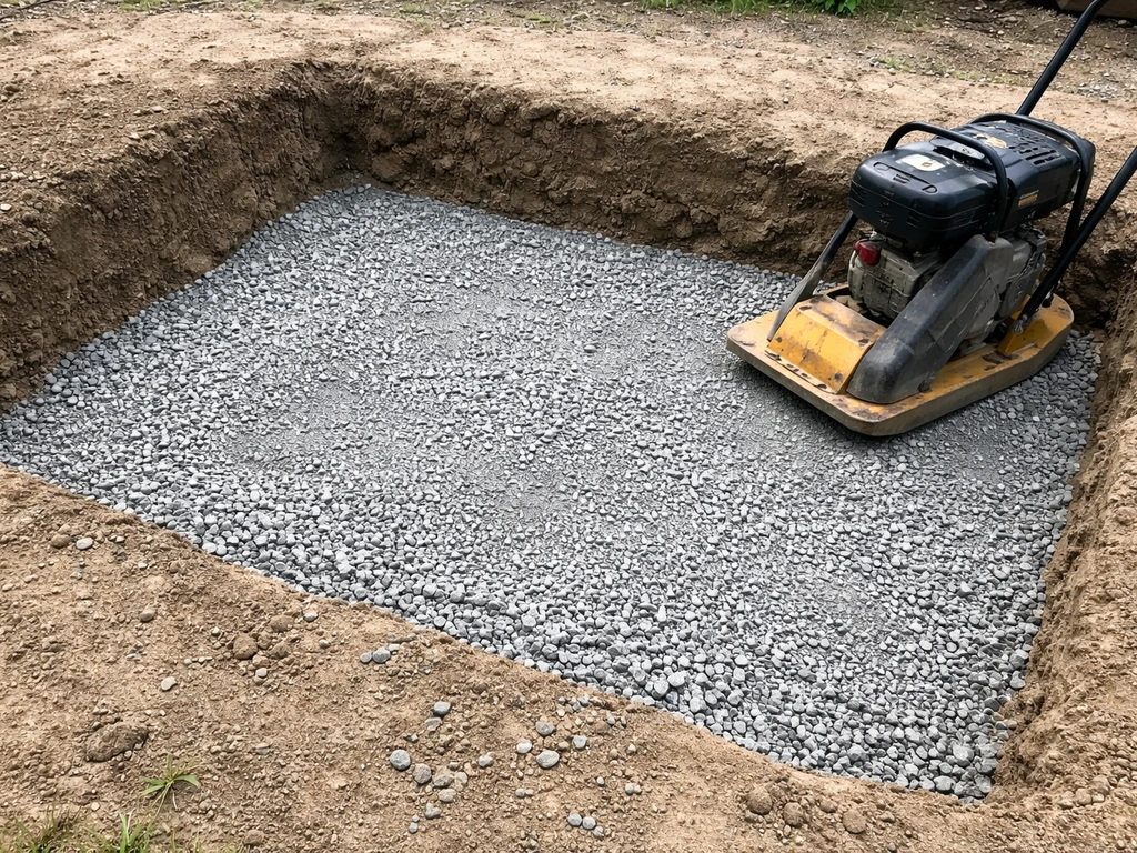 Excavated patio footprint filled with compacted gravel and a plate compactor ready for layered base prep.