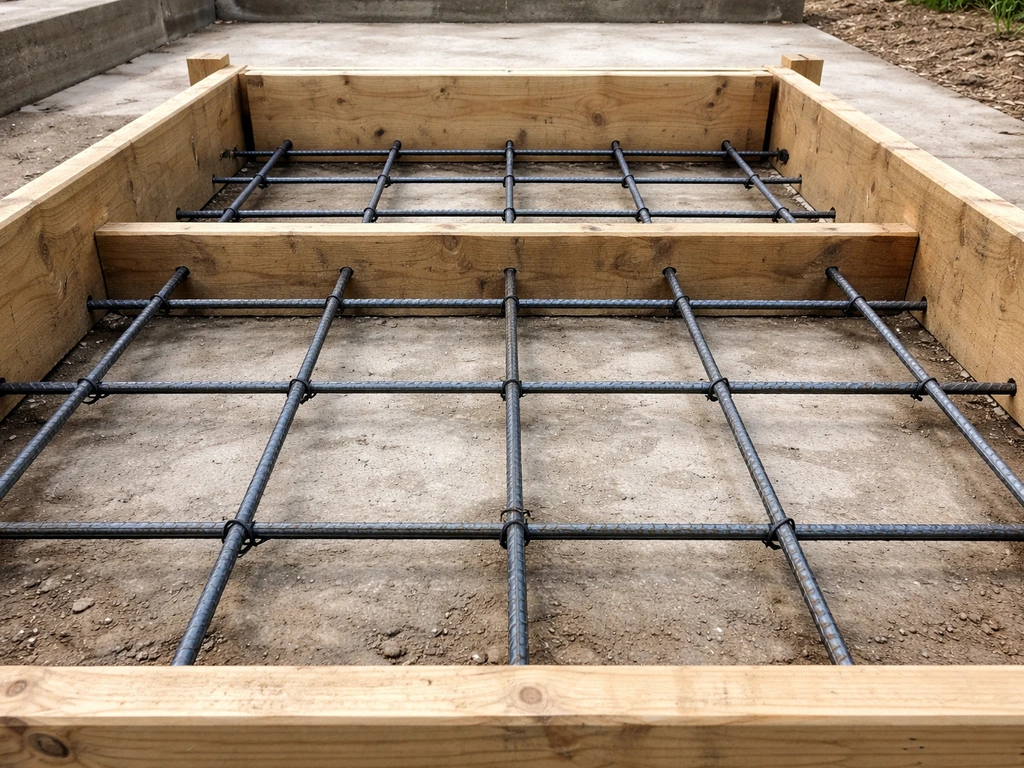 Close-up of #4 rebar laid in a patio step form with a simple grid spacing and horizontal bars