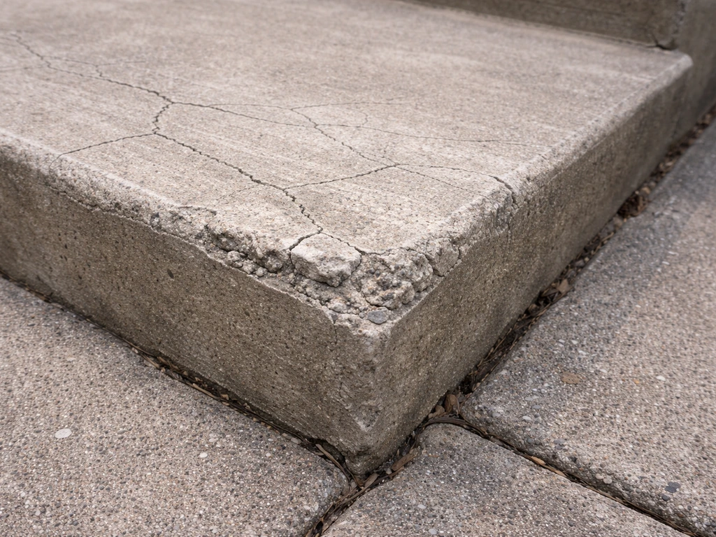 Close-up of concrete patio steps with hairline cracks, spalling edges, and small worn patches