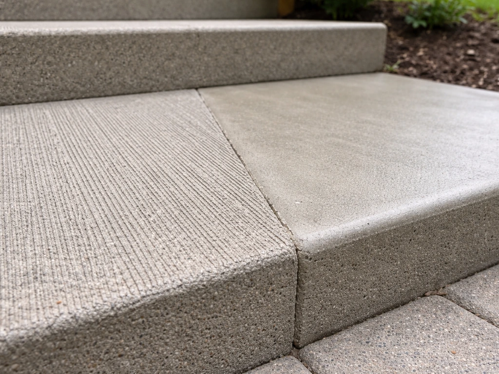 Close-up of cement patio steps showing broom and trowel finishes for traction and durability
