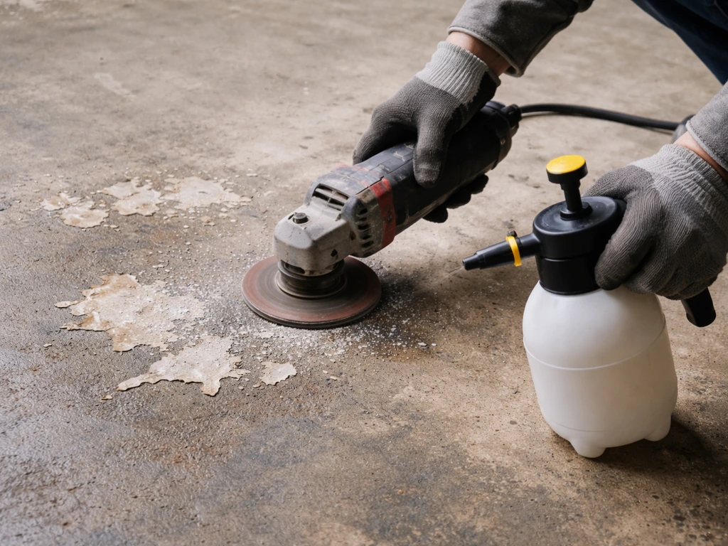 Hands using a chemical stripper and a grinder to remove peeling sealer from a concrete floor