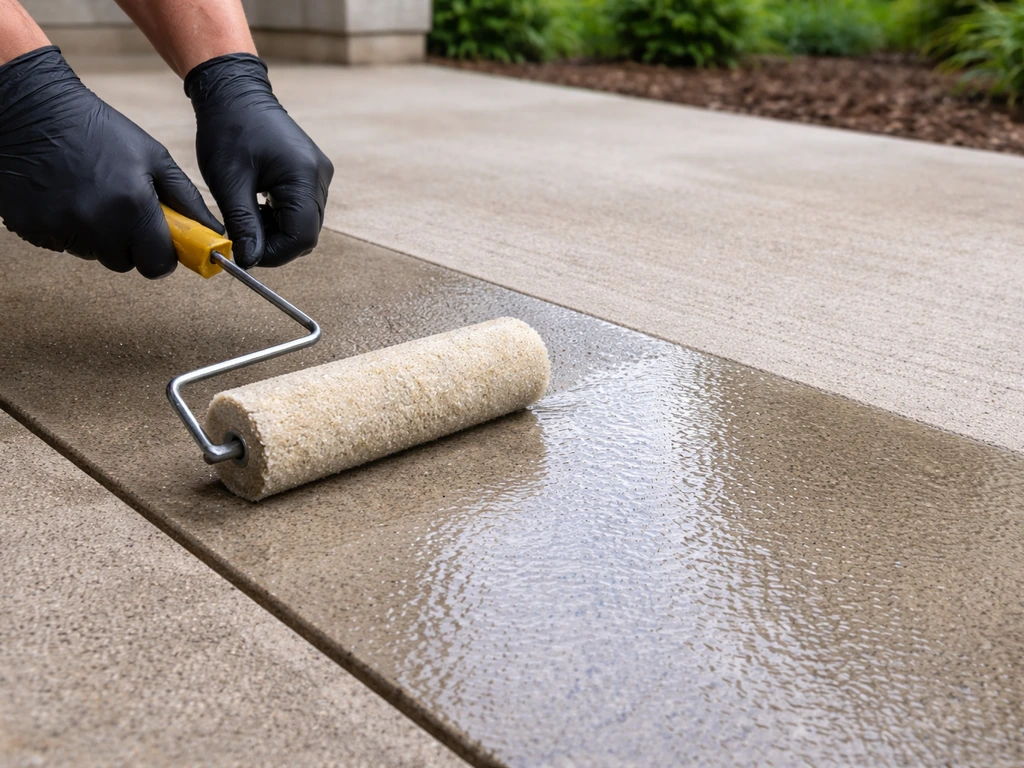 Gloved hands rolling concrete sealer on a patio, showing wet glossy area transitioning to drying concrete.