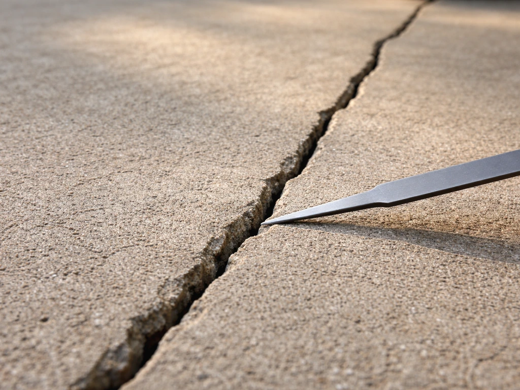 Close-up of a concrete patio crack inspected up close with a small metal tool.