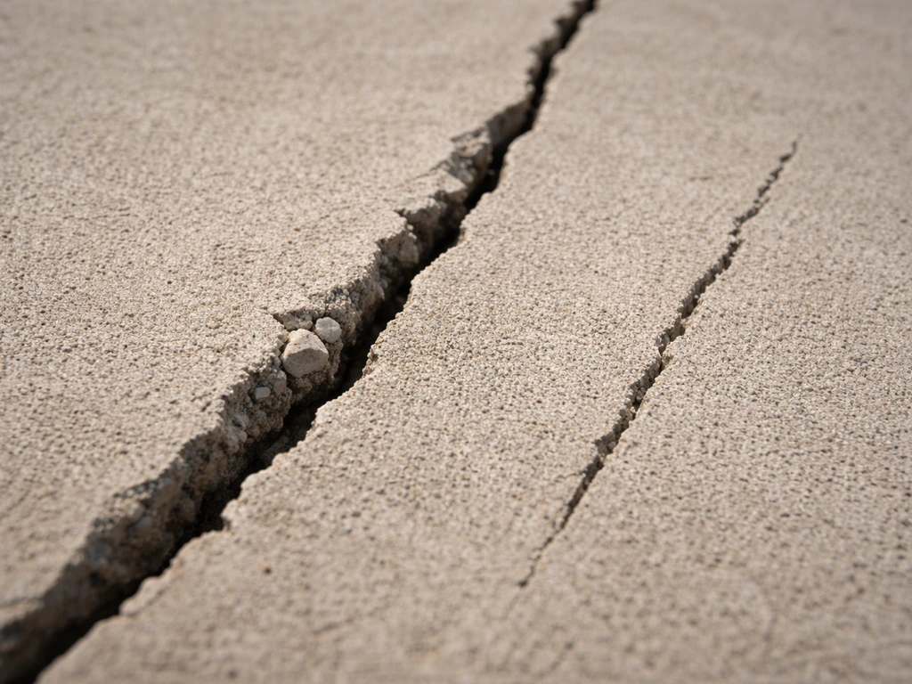 Close-up of concrete slab with two adjacent cracks—one wider and disturbed, one narrower and settled.