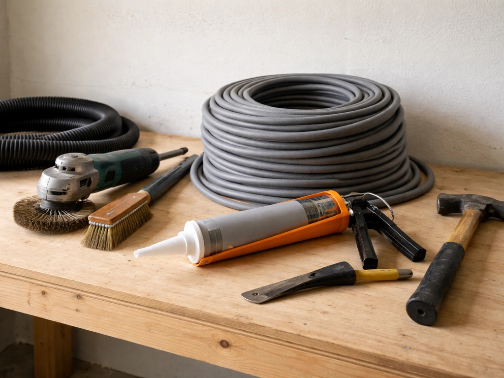 Crack repair tools and supplies neatly laid out on a workbench: wire brush, chisel, hammer, vacuum, backer rod, sealant.