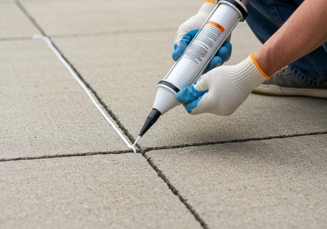 Gloved hands using a caulk gun to fill a concrete crack with a steady polyurethane sealant bead.