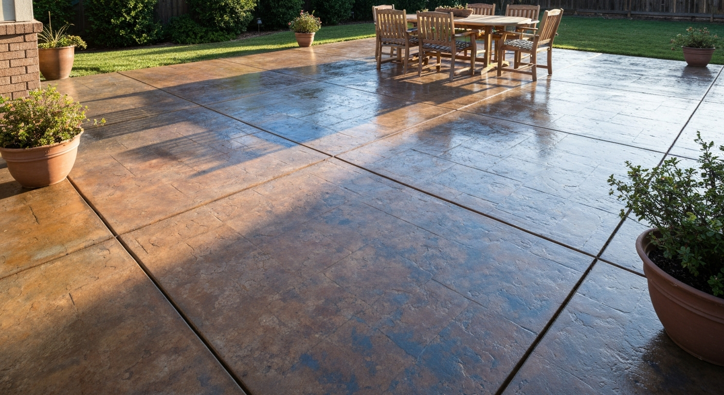 Finished colored concrete patio with earth-tone staining and a slate-blue accent, outdoor furniture and plants.