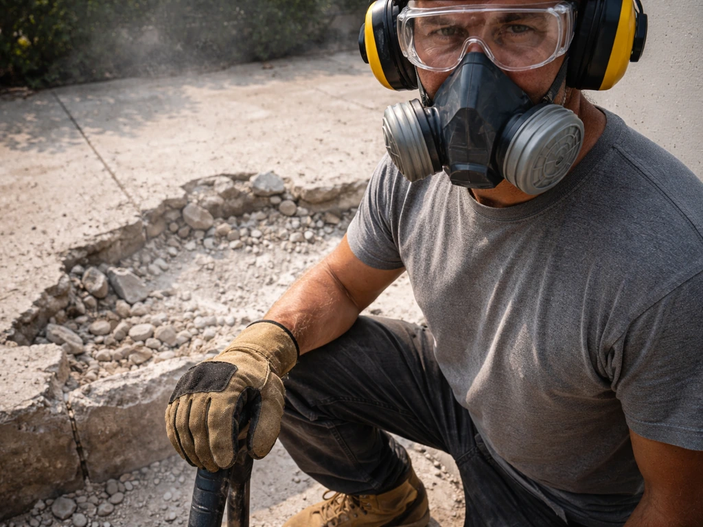 DIY worker in full PPE for concrete demolition, wearing respirator, goggles, hearing protection, gloves, and boots.